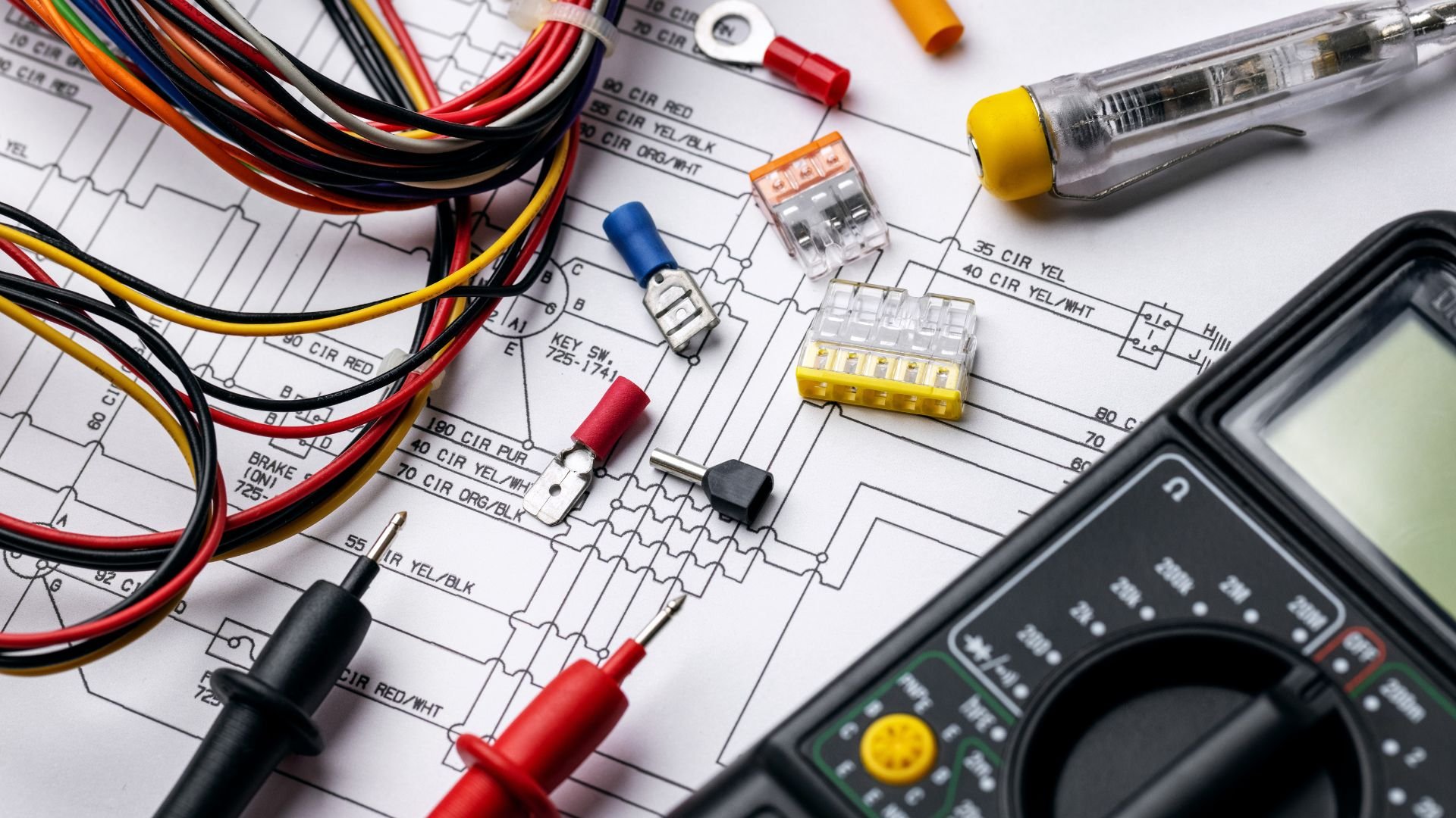 Electrical wiring diagram with multimeter, connectors, and test leads
