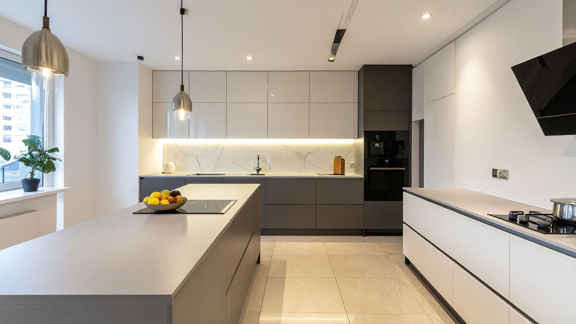 Modern kitchen with gray and white cabinets, marble backsplash, and yellow lemons