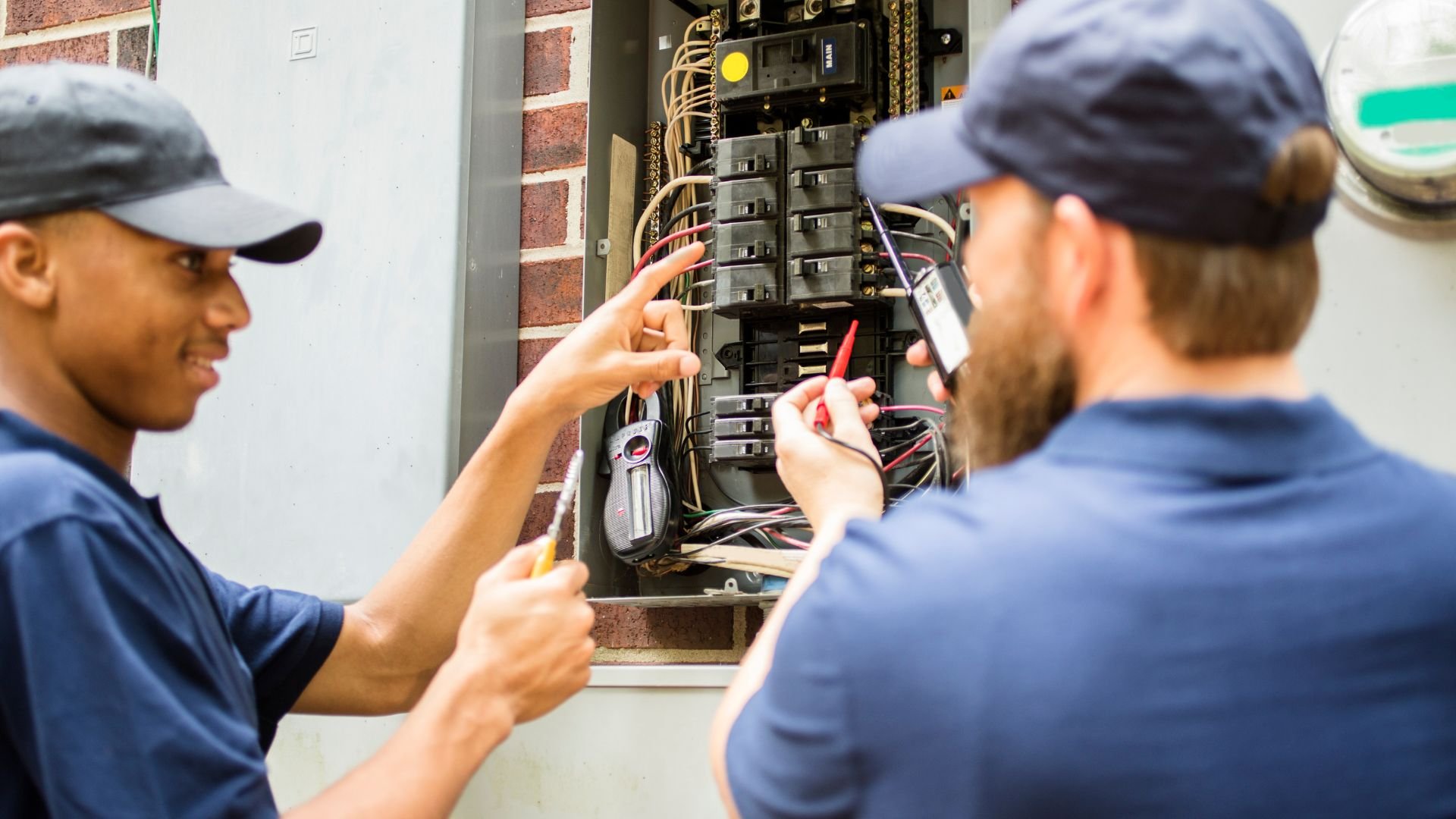 Electricians inspect and work on an electrical circuit breaker panel
